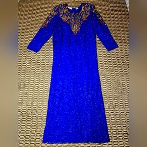 Vintage Silk Beaded Evening Gown, SCALA, Size 2X, Royal Blue, Gold, Excellent